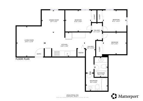 A floor plan of a house with a living room, two bedrooms, a bathroom, and a kitchen.